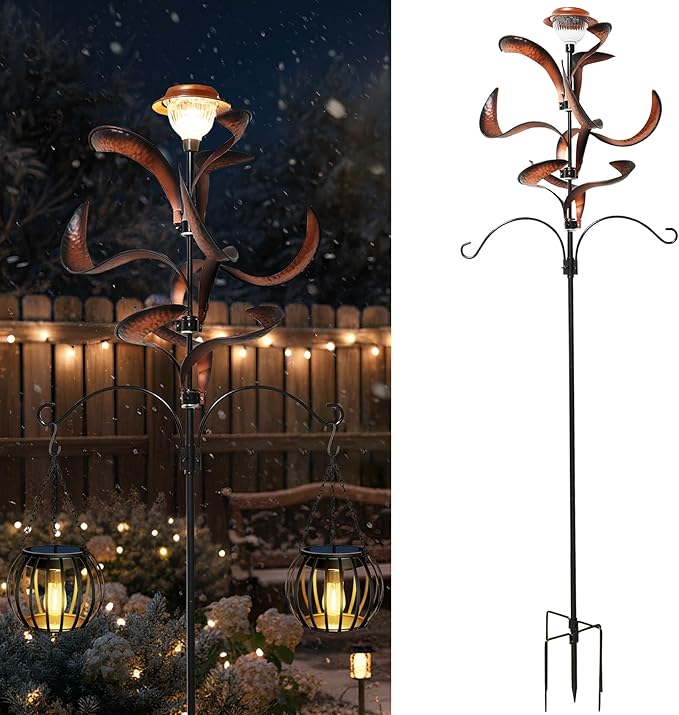 81" Metal Wind Spinner with Solar LED Light & Hanging Hooks - Rustic Copper Finish Kinetic Yard Art for Garden, Patio, Lawn - Outdoor Decor Stake