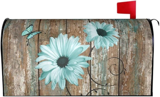 Rustic Daisy Board Mailbox Cover Magnetic, Teal Sunflowers Vintage Wood Grain Plank Mailbox Wrap Letter Post Box Cover for Yard Garden Outside Home Decor, Standard Size 21x18 Inch