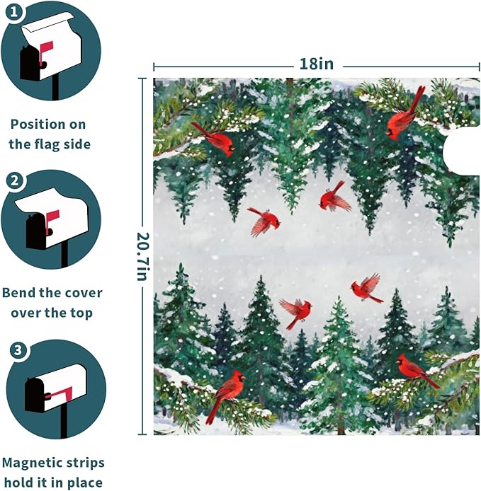 Winter Christmas Mailbox Covers Magnetic Standard Size Snow Scene Theme Green Red Cardinal Xmas Tree Outdoor Decorative Holiday Seasonal Letter Box Cases for Home Garden Outside Decor, 21x18 Inch