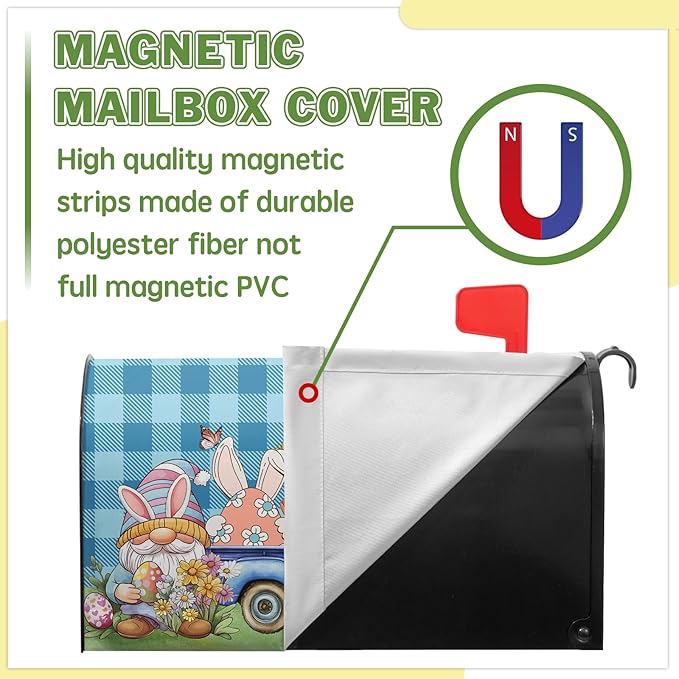 Easter Mailbox Covers Magnetic Gnome Mailbox Cover Standard Size 21x18 in Spring Colorful Flowers Decorations for Outside Garden Waterproof Oxford Blue Buffalo Plaid