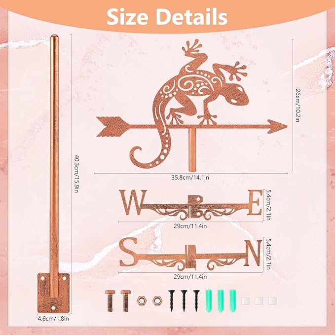 SUPERDANT Gecko Weather Vane Reptile Animal Wind Vanes for Yard Metal Weathervane Roof Mount for Gardens Outside Reddish Copper Weathervanes Farmhouse Farm Barn Sheds Patio Decorations
