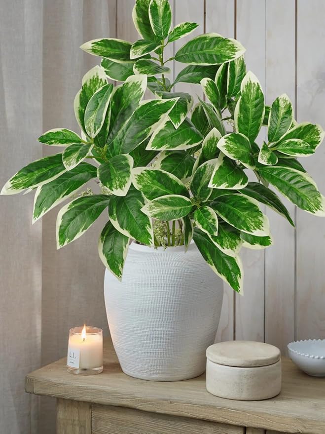 Artificial Greenery Branches 29.9" Faux Leaves Stem for Vase Filler 3pcs Fake Fiddle Plant for Table Centerpiece Home Office Party Wedding Decoration Green and White