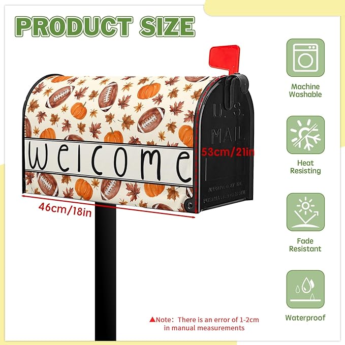 Fall Football Mailbox Cover Welcome Autumn Mailbox Covers Magnetic Standard Size 21x18 inch Pumpkin Maple Leaf Mail Box Wrap for Outside Garden