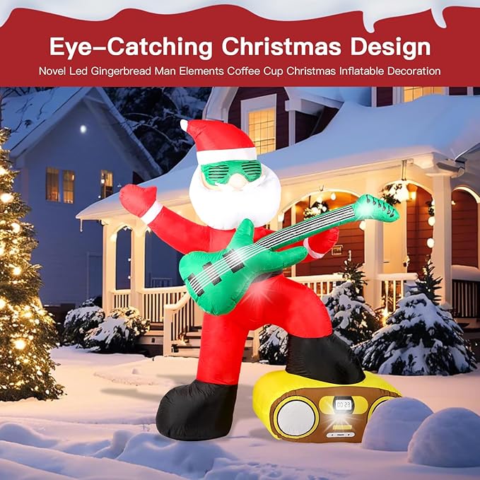 6FT Christmas Inflatables Decorations Outdoor，Blow Up Santa Claus with a Guitar with Built-in LEDs Lights for Indoor Holiday Party Yard Garden Lawn Décor