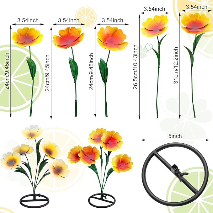 2 Pack Metal Flowers for Outdoor, Decorative Garden Stakes Yard Art, Outdoor Spring Garden Stake Summer Decor Bouquet of Poppy Flower Rustic Handcrafted Items for Lawn Porch Fence(Yellow)