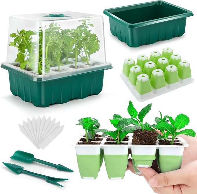 Seed Starter Tray, 24 Cells Indoor Seed Starter Kit, Flexible Silicone Designed Seedling Starter Trays, Germination Tray with Humidity Dome & Lids(4in Height), Reusable & Dishwasher Safe, BPA-Free