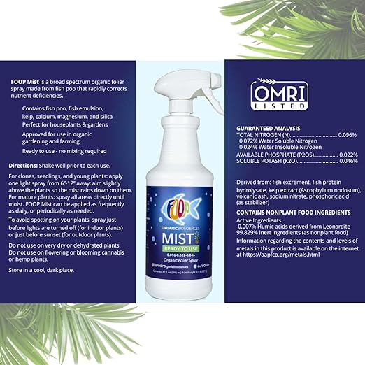 FOOP Mist - Organic Foliar Spray Made from Fish Manure (with Fresh Minty Scent) | Corrects & Prevents Plant Nutrient Deficiencies | Ready to Use, No Mixing Required (32oz)