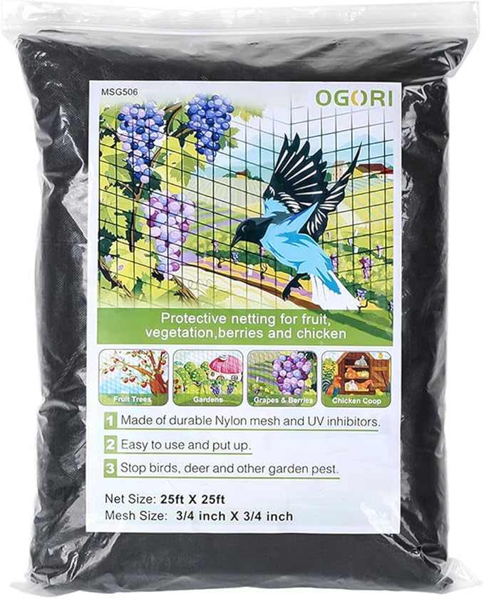OGORI 25' x 25' Bird Netting Heavy Duty Nylon 3/4" Mesh Garden Netting Protect Fruit Trees, Plants and Vegetables