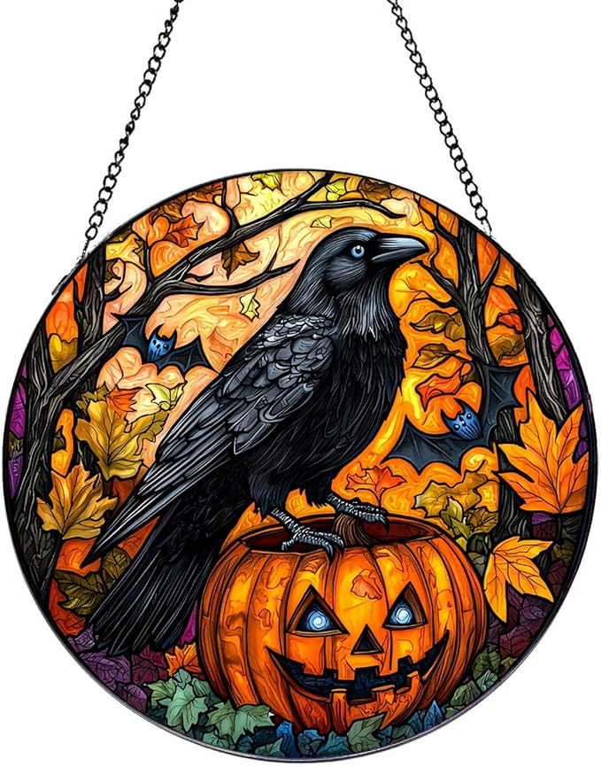 Crow Stained Glass Window Hanging,Halloween Window Decor, Fall Hanging Ornaments for Women Round Stained Glass Panels Ornaments for Fall Gift,Housewarming Gift, (B Style)