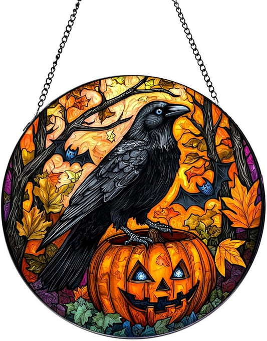 Crow Stained Glass Window Hanging,Halloween Window Decor, Fall Hanging Ornaments for Women Round Stained Glass Panels Ornaments for Fall Gift,Housewarming Gift, (B Style)