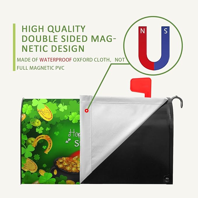 Happy St Patrick's Day Mailbox Cover Magnetic Large Size 25.5" X 21" Shamrock Clovers Rainbow Green Hat Oversized Mailbox Covers Gold Coins Patrick Mail Post Letter Box Wrap Outdoor Decor