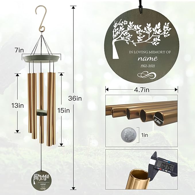ASTARIN Memorial Tree of Life 36" Wind Chimes, Personalized Name Sympathy Wind Chime, in Memory of Loss Mom Loved One, Large Deep Tone Bereavement Windchimes for Outside Clearance(Produced in USA)
