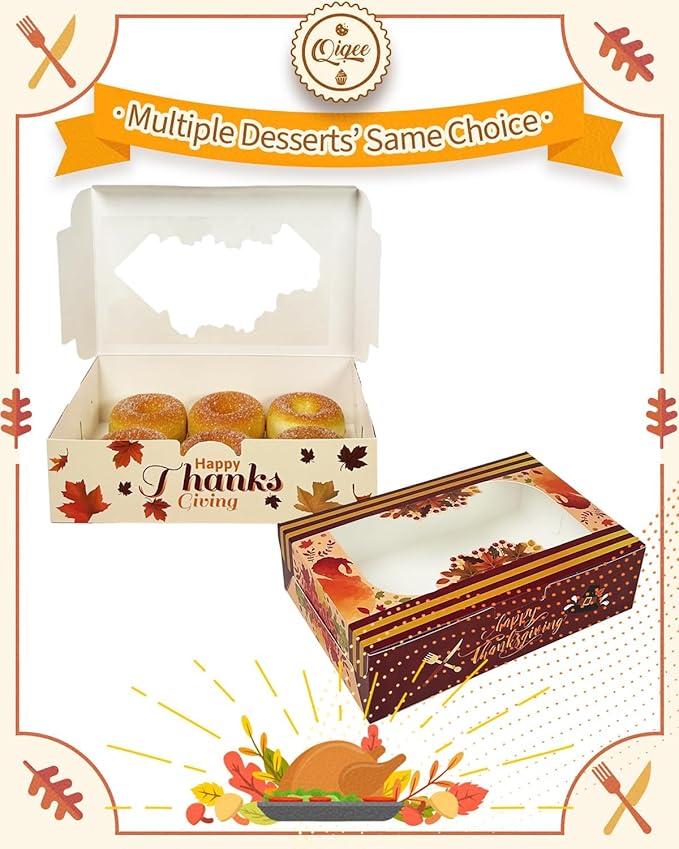 qiqee Thanksgiving Cookie Box with Window 9x6x2.5 inch 50Pcs Pastry Macaron Thanksgiving Leaves Bakery Box For Thanksgiving Day