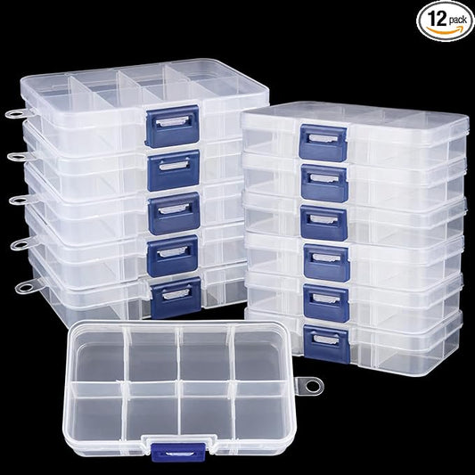 12 Pack 8 Grids Small Plastic Divider Organizer Box, Clear Bead Storage Container with Removable Dividers, Grid Compartment for Small Parts, Screw and Craft, 4.1"x 2.6"x 0.9"