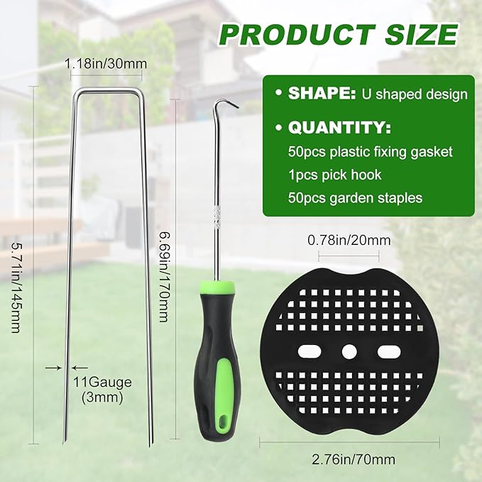50 Pcs Landscape Staples Stakes+50 Gasket, 6 Inch Galvanized Garden Stakes, 11 Gauge U-Shaped Yard Stakes for Outdoor Decorations, Heavy Duty Ground Stakes for Landscape Securing Weed Barrier Fabric