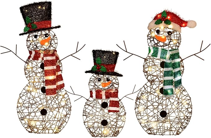3-Piece Lighted Snowman Family Set - Large 2D Outdoor Christmas Yard Decoration with 80 Warm White LED Lights, Holiday Display for Lawn & Garden - Rattan