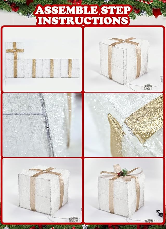 Set of 3 Christmas Decorations Lighted Gift Boxes with Bows，12" 10" 8" with 60 Pre-Lit Mini String Lights，Foldable LED Xmas Present Boxes for Tree Indoor Outdoor Holiday Party Yard Home Decor