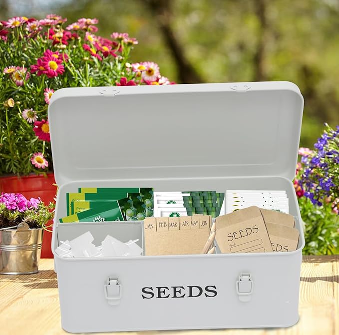 Garden Seed Box, White Metal Seed Storage Box, Seed Storage Organizer Case with 4 Dividers, Seeds Packet Container for Gardening, Seed Envelope Storage Box with Portable Handle & Safety Lock