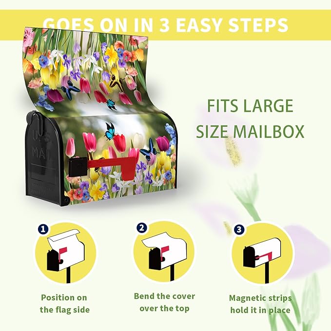 Spring Tulip Mailbox Covers Magnetic Oversized Spring Flowers Mailbox Wraps Large Size 25.5" X 21" Summer Butterfly Floral Resistant Post Letter Box Cover for Garden Yard Home Outdoor Decor
