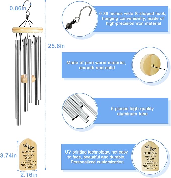 Memorial Wind Chimes - Sympathy Gift for Loss of Loved One, Butterflies Appear