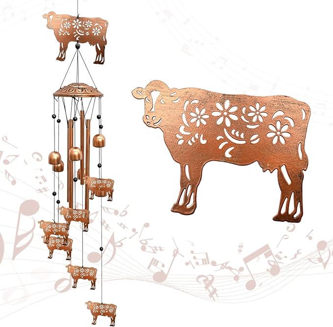 Cow Wind Chimes for Outside, Metal Windchimes Outdoors Birthday Gifts for Women Memorial Sympathy Wind Chimes for Patio Garden Yard