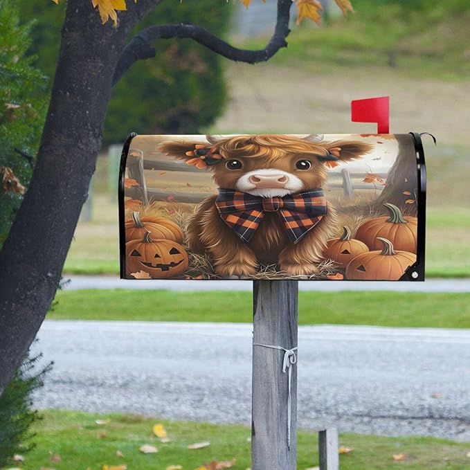 Autumn Highland Cow Fall Pumpkin Magnetic Mailbox Cover MailWraps Garden Yard Home Decor for Outside Oversized-25.5" x20.8"