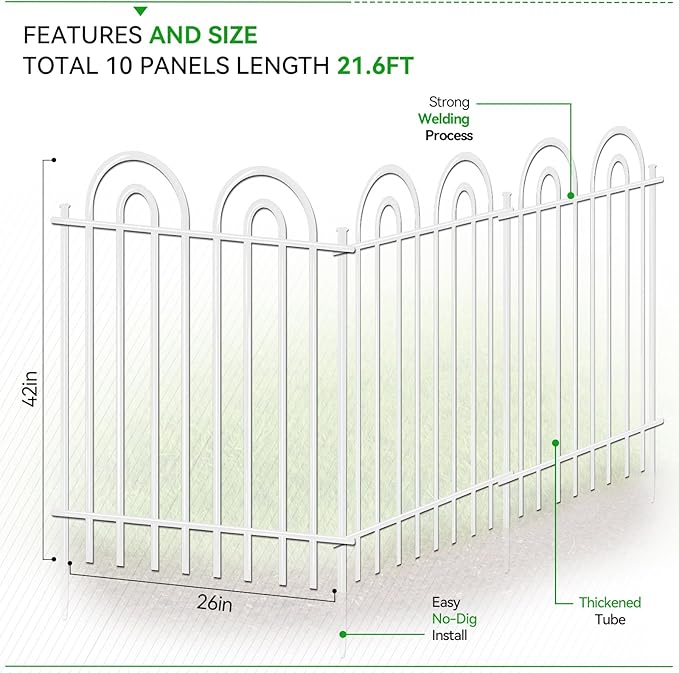 10 Panels Decorative Garden Fence with Gate, 42in(H)×21.6ft(L) Tall No Dig Fence Animal Barrier, Metal Tube Garden Edging Border, Reusable Ground Defense Temporary Fencing for Outdoor Yard, White