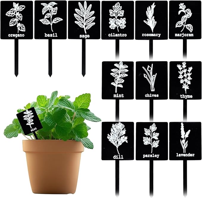 24Pcs Garden Herb Markers Acrylic Plant Label Signs Plant Stake Tags Reusable Black Waterproof Tags with Herb Names for Nursery Seedlings Potted Greenhouse Indoor Outdoor Garden Decoration
