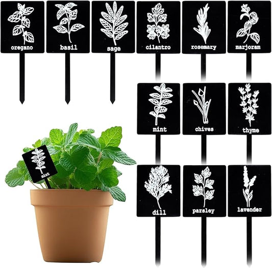24Pcs Garden Herb Markers Acrylic Plant Label Signs Plant Stake Tags Reusable Black Waterproof Tags with Herb Names for Nursery Seedlings Potted Greenhouse Indoor Outdoor Garden Decoration