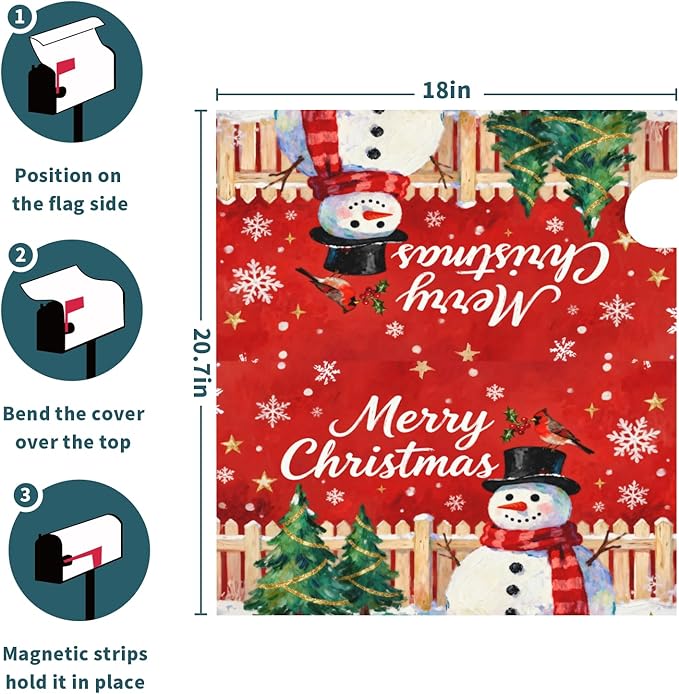 Merry Christmas Snowman Mailbox Covers Magnetic Standard Size Red Green Xmas Tree Snowflake Cardinal Outdoor Decorative Holiday Seasonal Letter Box Cases for Home Garden Outside Decor, 21x18 Inch