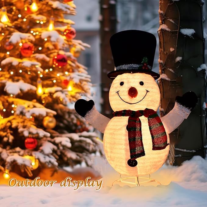 Lighted Snowman Outdoor Christmas Decorations - 28 inch Light up Snowman with LED Lights, Pre-lit Snowman with Top Hat Holiday Ornaments Yard Decor for Home, Lawn and Front Yard
