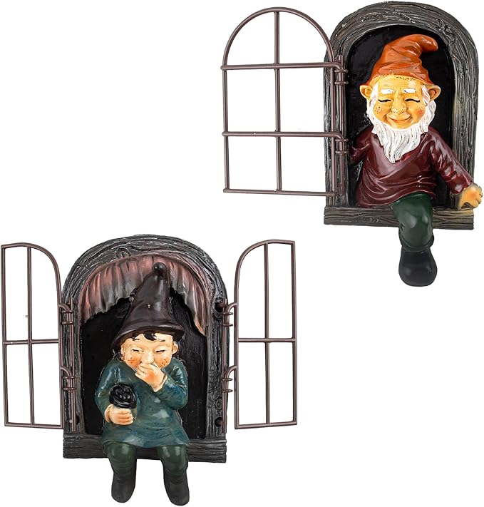 2 Pieces Gnome Statue Elf Out The Door Hugger Garden Peeker Yard Art Tree Sculpture Tree Gnome Decoration Outdoor for Patio Yard Lawn Porch Ornament
