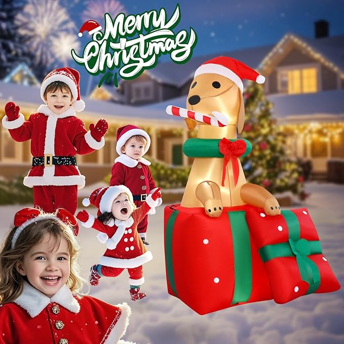 5FT Dog Christmas Inflatables Outdoor Golden Retriever Christmas Indoor Blow Ups Yard Decorations Inflatable Ouside Xmas Funny Blow Ups Holiday Yard Decorations for Party Garden Lawn Holiday Decor