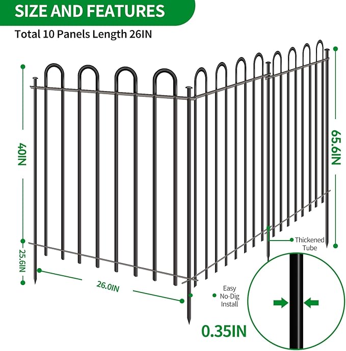 10 Panels Decorative Garden Fence with Gate, 40in(H)×21.6ft(L) Animal Barrier Fence, Metal Round Tube Garden Edging Border, Reusable Ground Defense Temporary Fencing for Outdoor Yard Flower Bed, Black