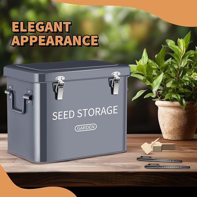 Blulu 85 Pcs Seed Storage Organizer 3 Compartment 30 Slot Metal Seed Saving Box with Lid and Lock with 1 Marker Pen, 20 Plant Labels, 30 Envelopes, 30 Bottles, Stickers for Garden Flower Plant(Grey)