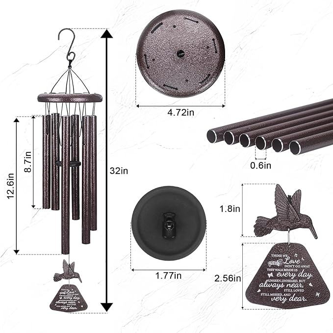 Memorial Wind Chimes with Hummingbird Wind Spinner, 32" Wind Chimes for Loss of Loved One, Sympathy/Memorial/Condolence/Remembrance Gift for Loss of Mother Father Husband Daughter Son