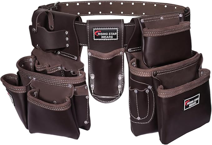 100% Leather Electrician Tool Pouch with Adjustable Belt,Stylish Tool Bag for Waist with 19 Pockets, Perfect for Carpenters,Plumbers, Electricians,Craftsmen,and Handymen