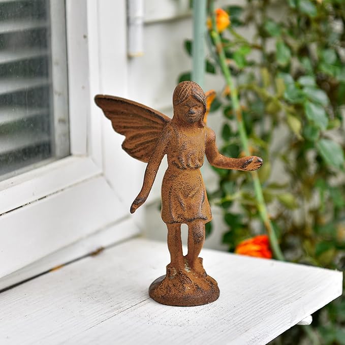 Sungmor Cast Iron Garden Angel Statue, Set of 2 Rustic Brown Fairy Figurines, Creative Angel Pixie Collection Home Office Desk Decor, Indoor Outdoor Fairy Garden Accent Ornament