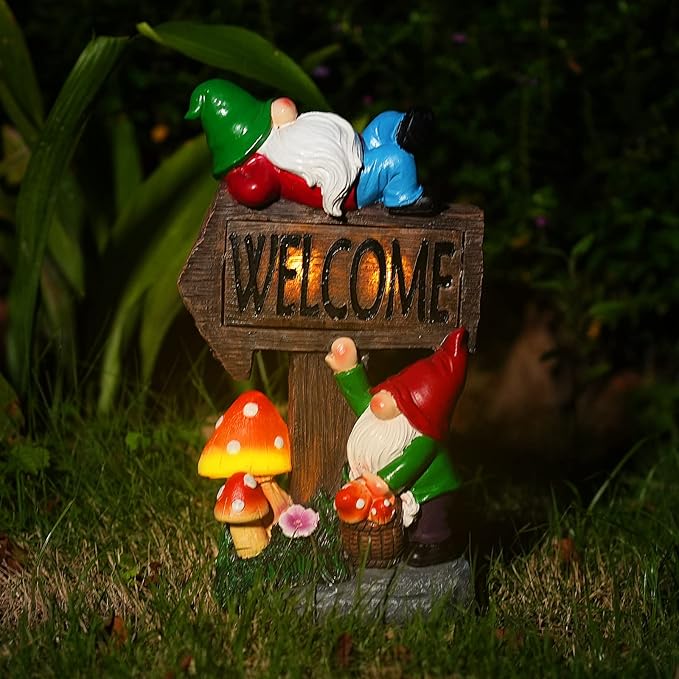 Galiyen Garden Gnomes Outdoor Clearance Large - 11.8'' Garden Gnome Statue with Solar LED Lights, Outdoor Spring Decorations for Patio Yard Lawn Porch Funny Gnomes Ornament Gift