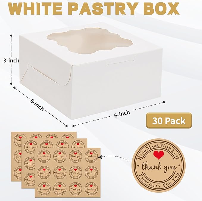 30pcs Cookie Boxes with Window, 6x6x3 Inches White Bakery Boxes, 36 Pcs Stickers,for Small Cookies, Treats, Candy, Desserts, Chocolate Covered Strawberries,Mini Cake Boxes