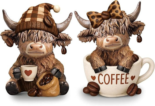 Wesiti 2 Pcs Highland Cow Figurines Coffee Highland Cow Gnomes Scottish Resin Statue Calf Lovers Gifts for Christmas Home Garden Kitchen Office Tiered Tray Table Decor