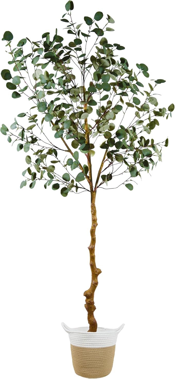 Artificial Eucalyptus Tree, 7ft Tall Fake Eucalyptus Plant with Basket, Green Silver Dollars Silk Leaves Large Faux Tree for Home Office Livingroom Floor Decor Indoor