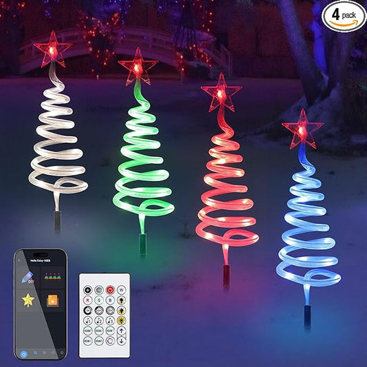 4 Pack Christmas Pathway Lights Outdoor, RGBW Smart Landscape Lights with APP & Remote Control, DIY Color Modes, Waterproof Connectable Yard Decor Lights with Music & Timer for Holiday Decorations