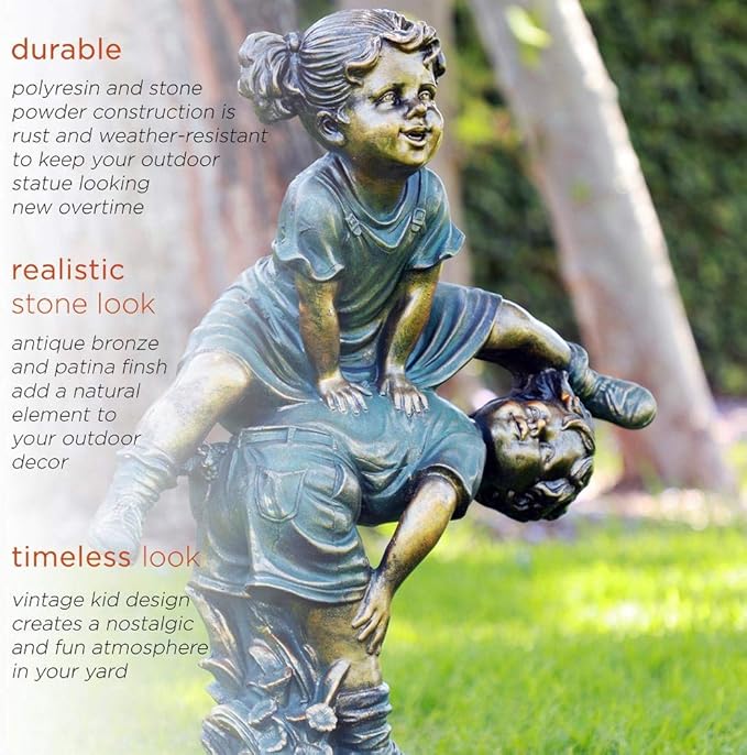 Alpine Corporation 26" Tall Indoor/Outdoor Girl Jumping Over Boy Statue Yard Art Decoration