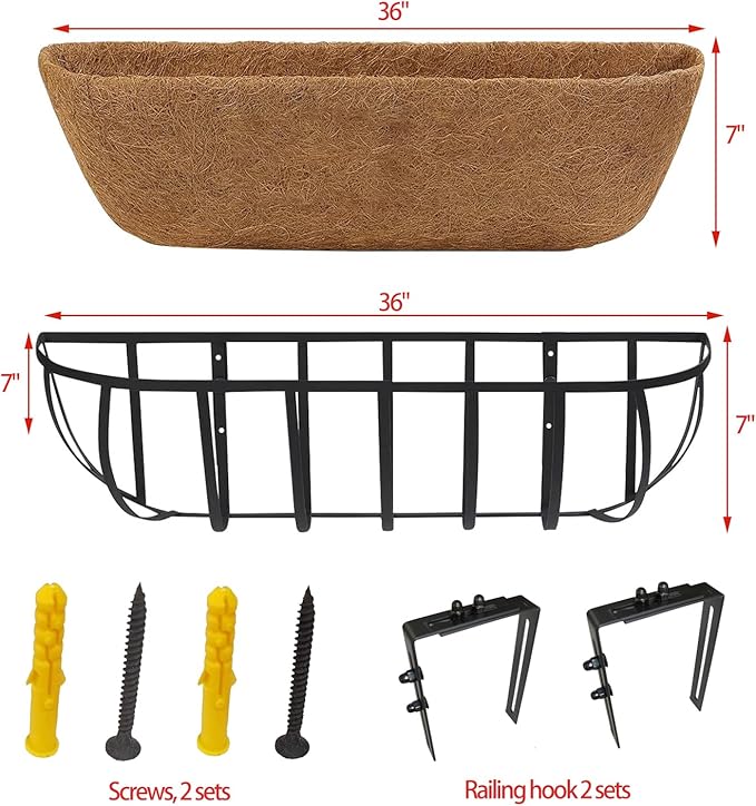 2 Pack 36" Railing Planter Window Box with Coco Fiber Liner Horse Trough Planter The Railing Planter Boxes for Deck Porch Fence Outdoor