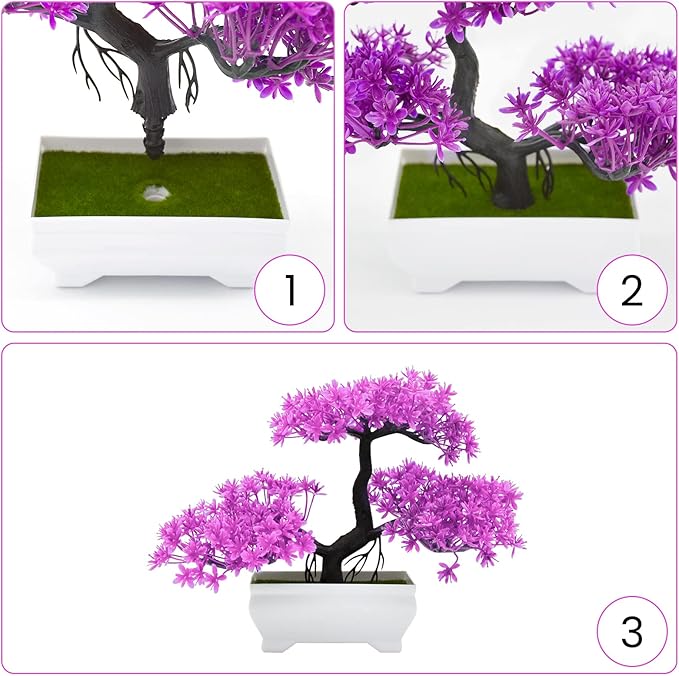 Mini Artificial Bonsai Tree Plants with Plastic Cement Pots for Home Office Décor(Magenta)