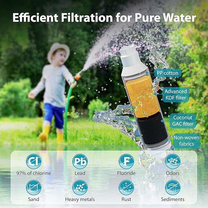 AQUA CREST Garden Hose Water Filter for Plants, Greatly Reduces Chlorine, Odor, Improve Plants Health, Ideal for Organic Gardening, Farming and Pets, 4 Pack with 2 Hose Protector