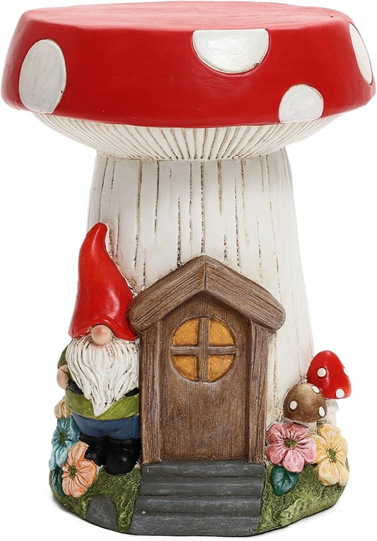 LuxenHome Gnome Garden Statue,17'' Mushroom House Statue, Outdoor Side Table, Plant Stand for Balcony, Gift, Large Garden Ornaments Yard Decor, Fairy House, Patio Side Table, Sculpture, Drum Stool