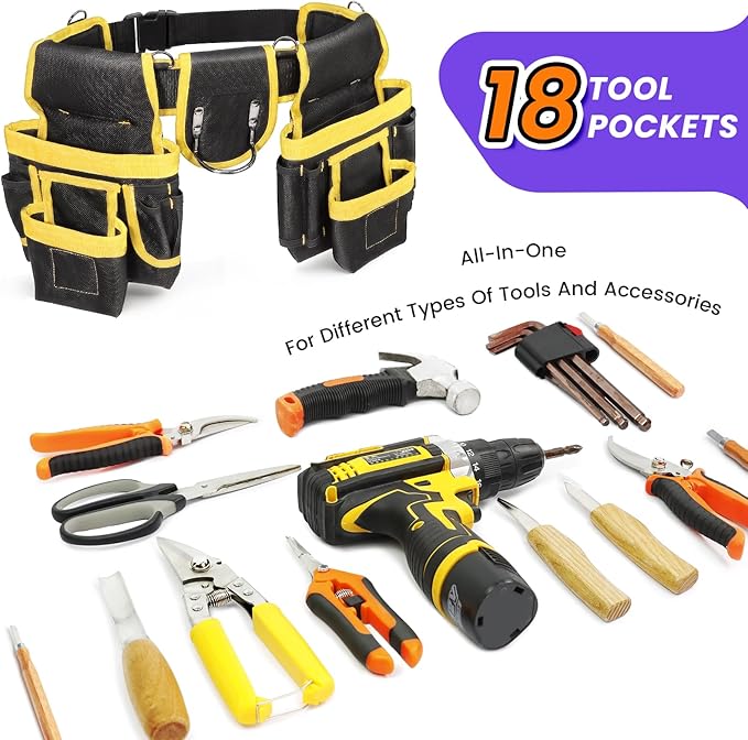 Tool Belt, Professional Tool Belts for Men, Magnetic Tool Pouch With Suspenders, Heavy Duty Detachable Adjustable Utility Belt Work Bags for Electrician, Carpenter (Black and Yellow, 32''-66'')