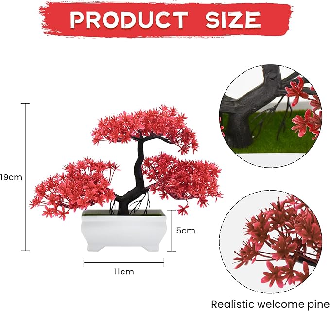 Mini Artificial Bonsai Tree Plants with Plastic Cement Pots for Home Office Décor(Red)